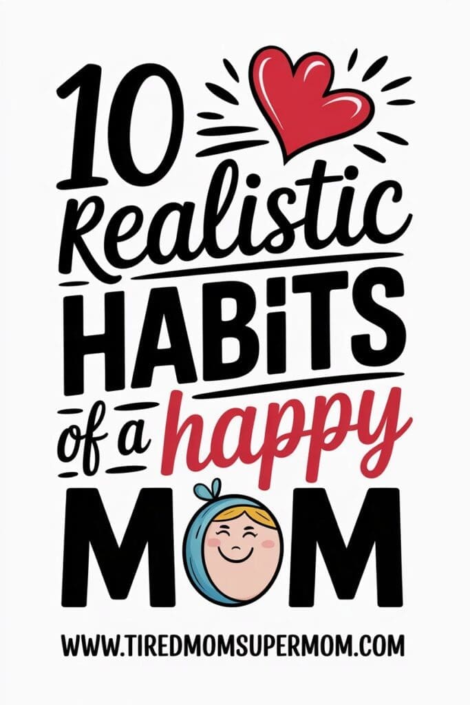 Daily habits of a happy mom Pinterest pin image showing realistic joy and self-care in motherhood.