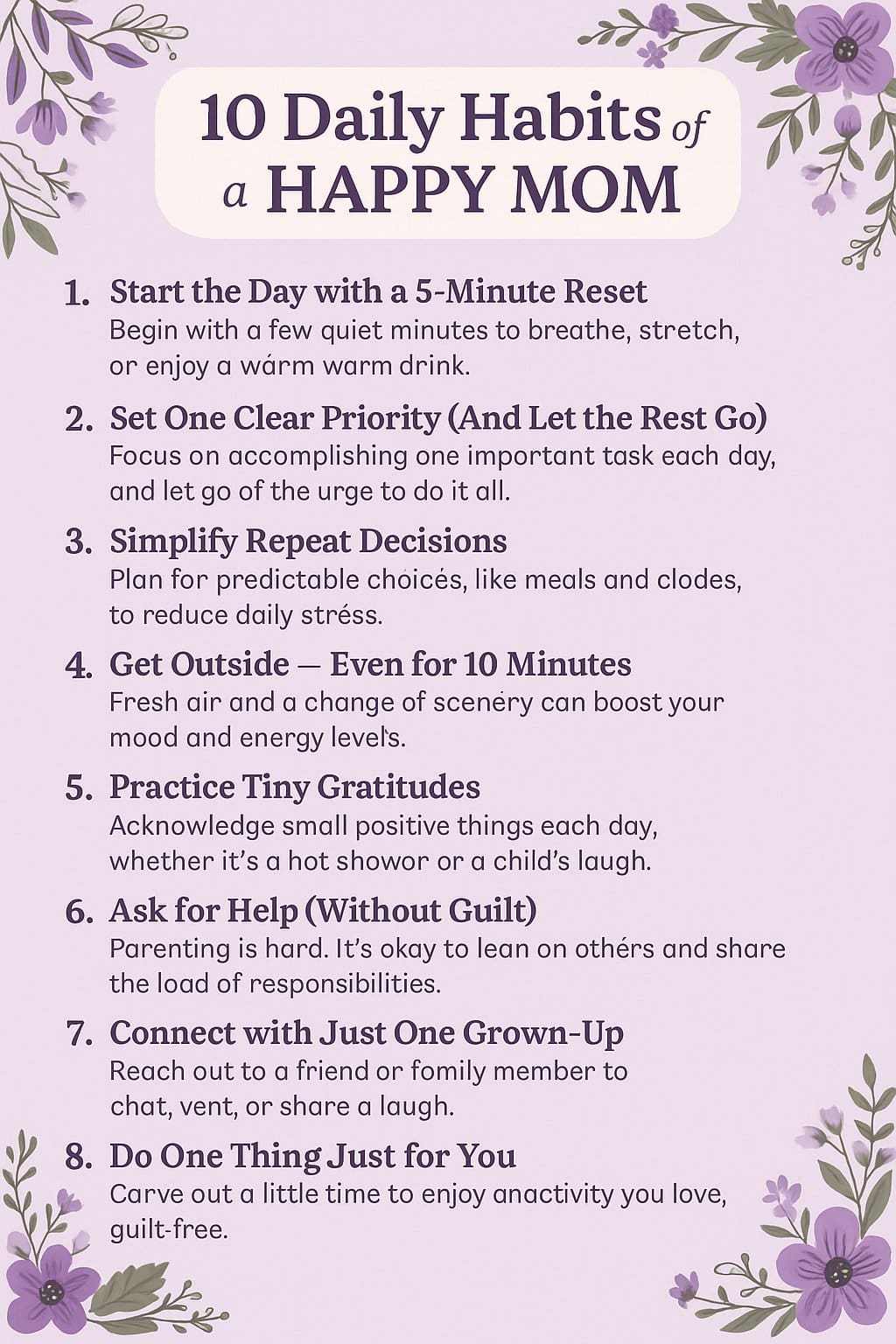 Lavender and floral infographic titled “10 Daily Habits of a Happy Mom,” featuring gentle self-care routines and practical mindset tips for overwhelmed moms, with soft purple tones and decorative flower illustrations.