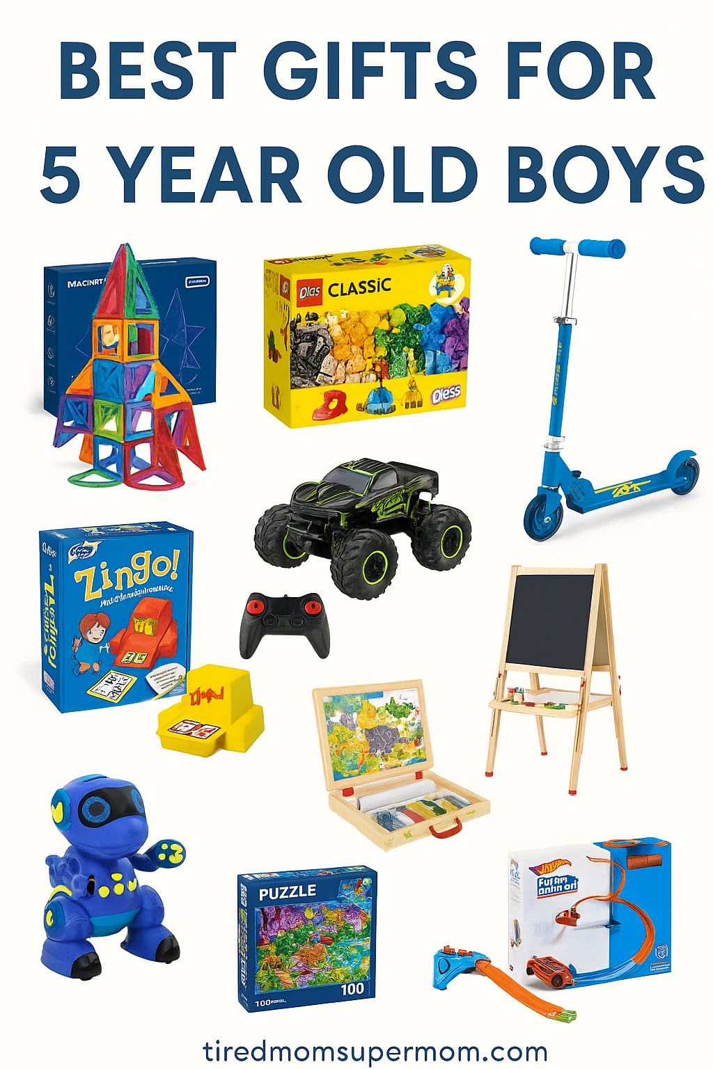 Collage of top gifts for 5-year-old boys including LEGO, scooter, smartwatch, drawing tablet, robot toy, and STEM kits.