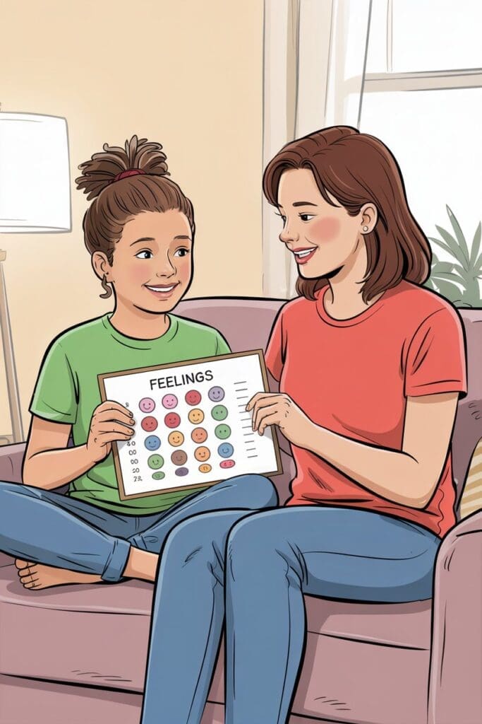 Parent and child talking about emotions in a safe space.