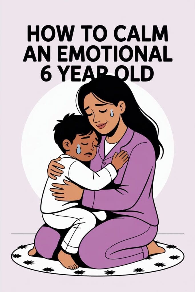 Parent gently comforting emotional 6 year old at home.