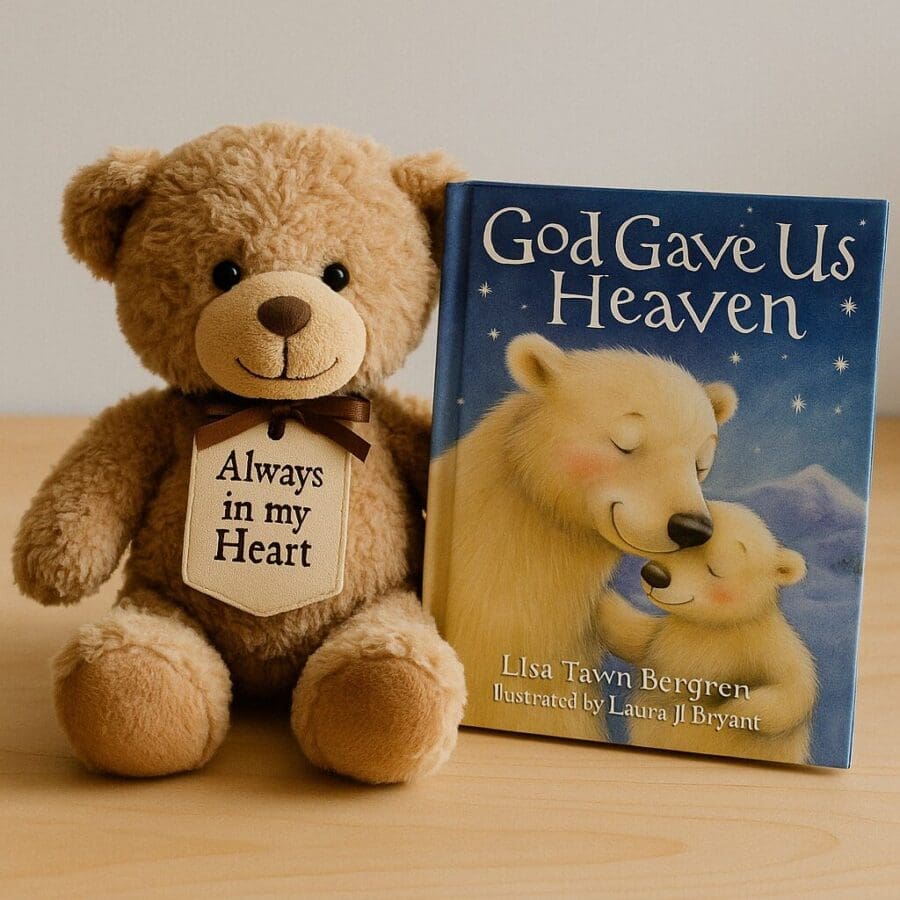 Soft teddy bear and children’s grief book displayed together as thoughtful sympathy gifts for grieving children.