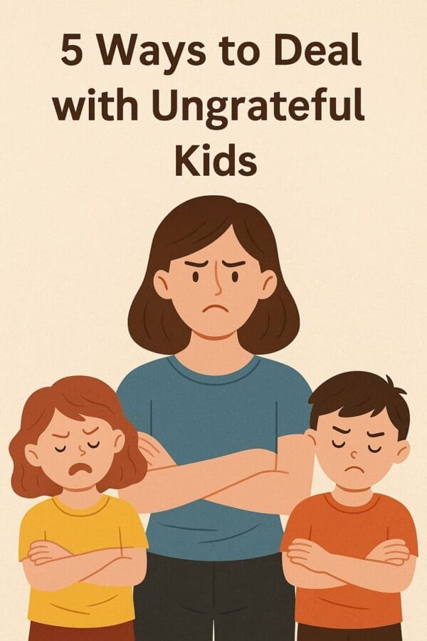 "Illustration of a frustrated mother with ungrateful kids, supporting blog content about how to deal with ungrateful kids."