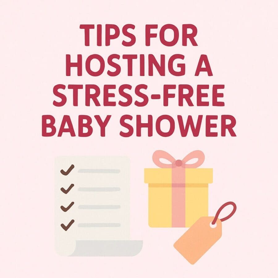 Tips for hosting a stress-free baby shower with checklist, gift box, and tag illustrations. Perfect for baby shower planning ideas,baby shower food ideas and organizing food and decor.