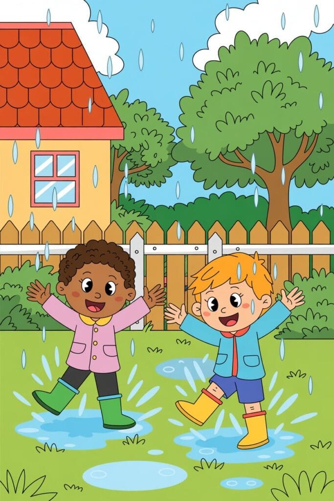 “Cartoon rainy day activity for kids – puddle jumping”