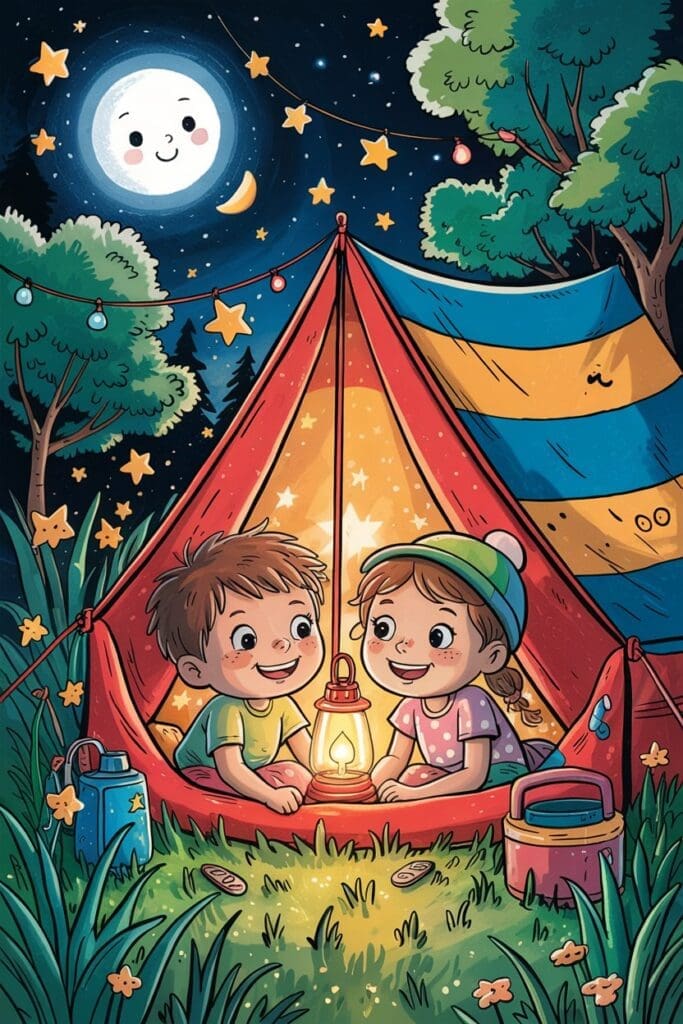 “Cartoon backyard camping scene for free summer activities at home”