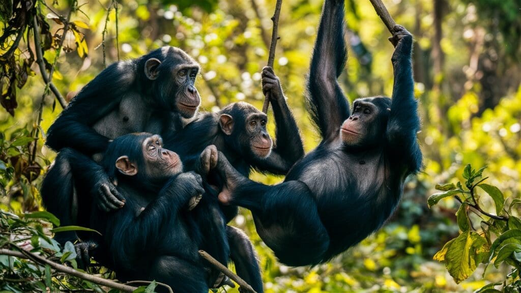 A young chimpanzee in the rainforest from Disney’s "Chimpanzee" — a visually rich educational documentary for kids about animal behavior.