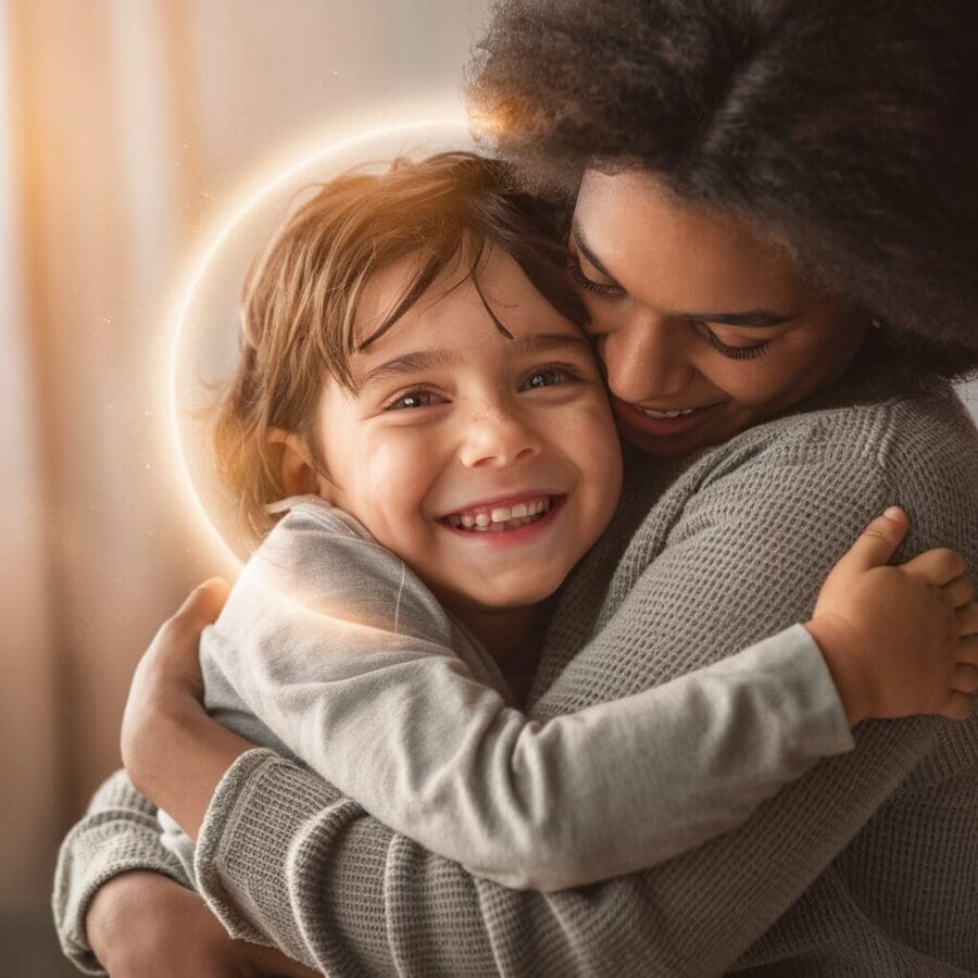 Mother embracing child, illustrating the emotional security and benefits of hugging children.