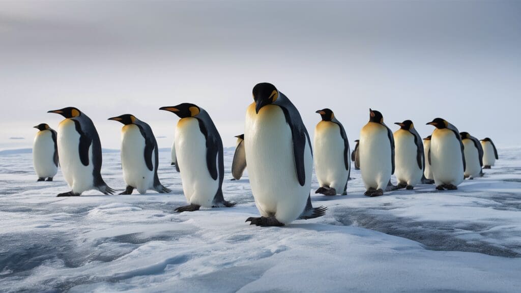 Emperor penguins walking through Antarctic snow from the documentary "March of the Penguins" — an educational documentary for kids about survival in the wild.