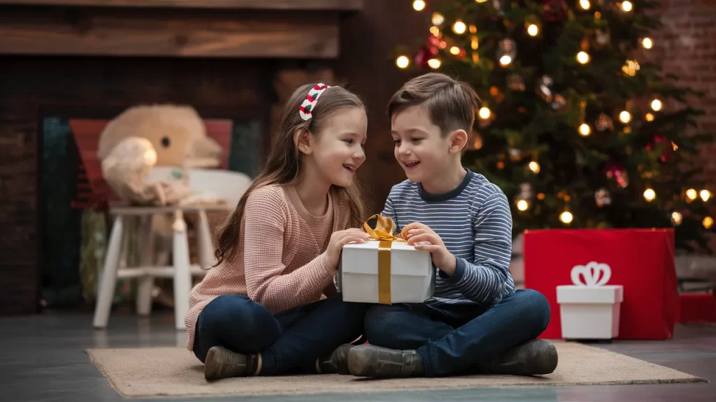 "A little girl opening a wrapped gift with excitement, illustrating the receiving gifts aspect of the 5 love languages for kids."
