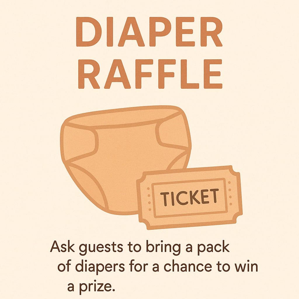 Simple Diaper Raffle setup encouraging guests to bring diapers for a chance to win a prize – practical baby shower game with prizes and gifts.