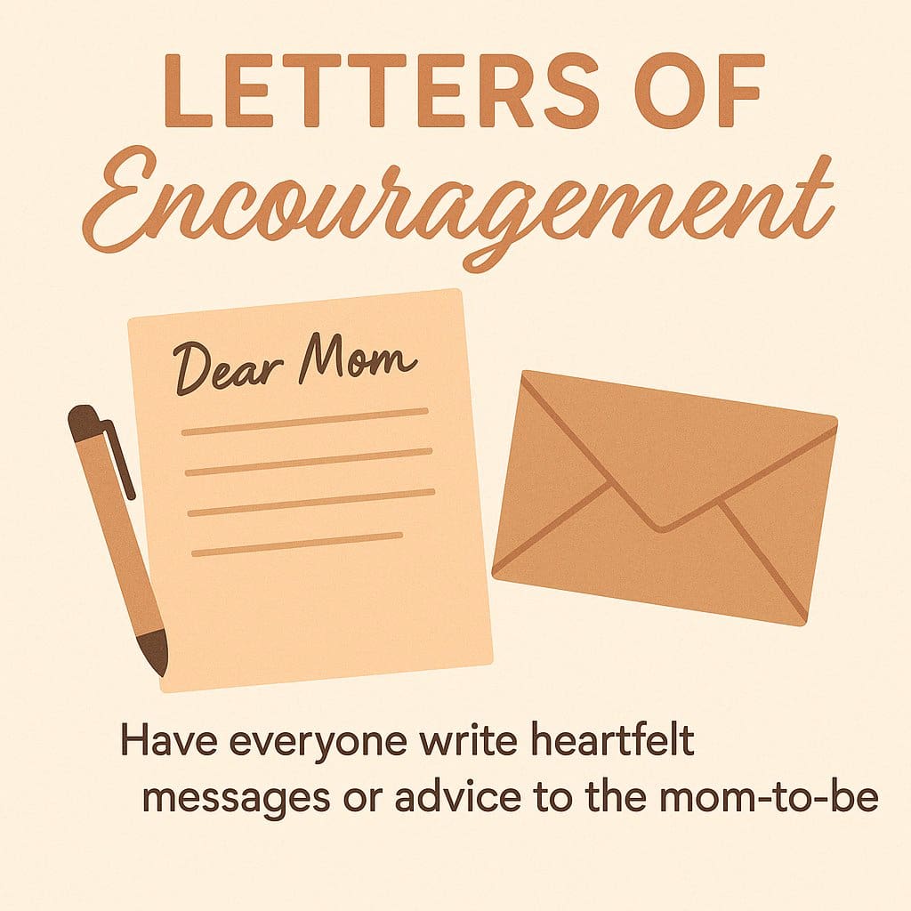 Letters of Encouragement baby shower activity where guests write heartfelt notes and advice to the mom-to-be – meaningful keepsake idea for baby showers.