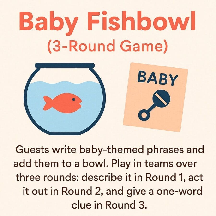 Team-based Baby Fishbowl baby shower game using baby-themed word clues in charades, taboo, and one-word challenge – a high-energy baby shower activity.