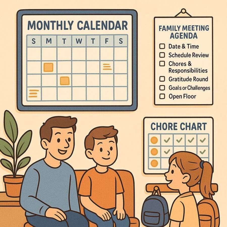 Flat-style cartoon image of a weekly family meeting setup with a family organization wall featuring a calendar, agenda, and chore chart.