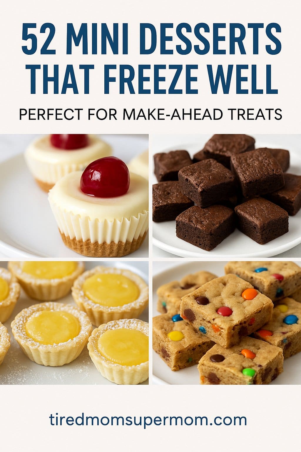 A Pinterest-style collage showcasing mini desserts that freeze well, featuring a bold headline and four enticing close-up images. The top half highlights cherry-topped mini cheesecakes and rich chocolate brownie bites, while the bottom displays lemon tartlets dusted with powdered sugar and colorful cookie bars with candy-coated chocolate pieces. Clean, bright visuals emphasize freshness and make-ahead convenience, with the blog URL tiredmomsupermom.com featured at the bottom.