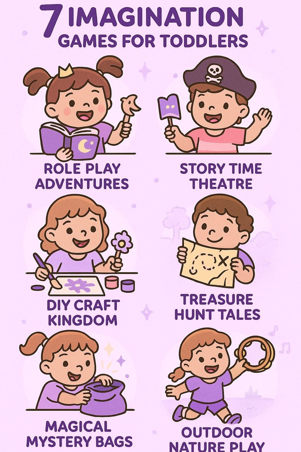 Infographic illustrating 7 fun and creative imagination games for toddlers, including role play, story theatre, craft activities, treasure hunts, and outdoor pretend play, designed to spark creativity and engagement in young children.