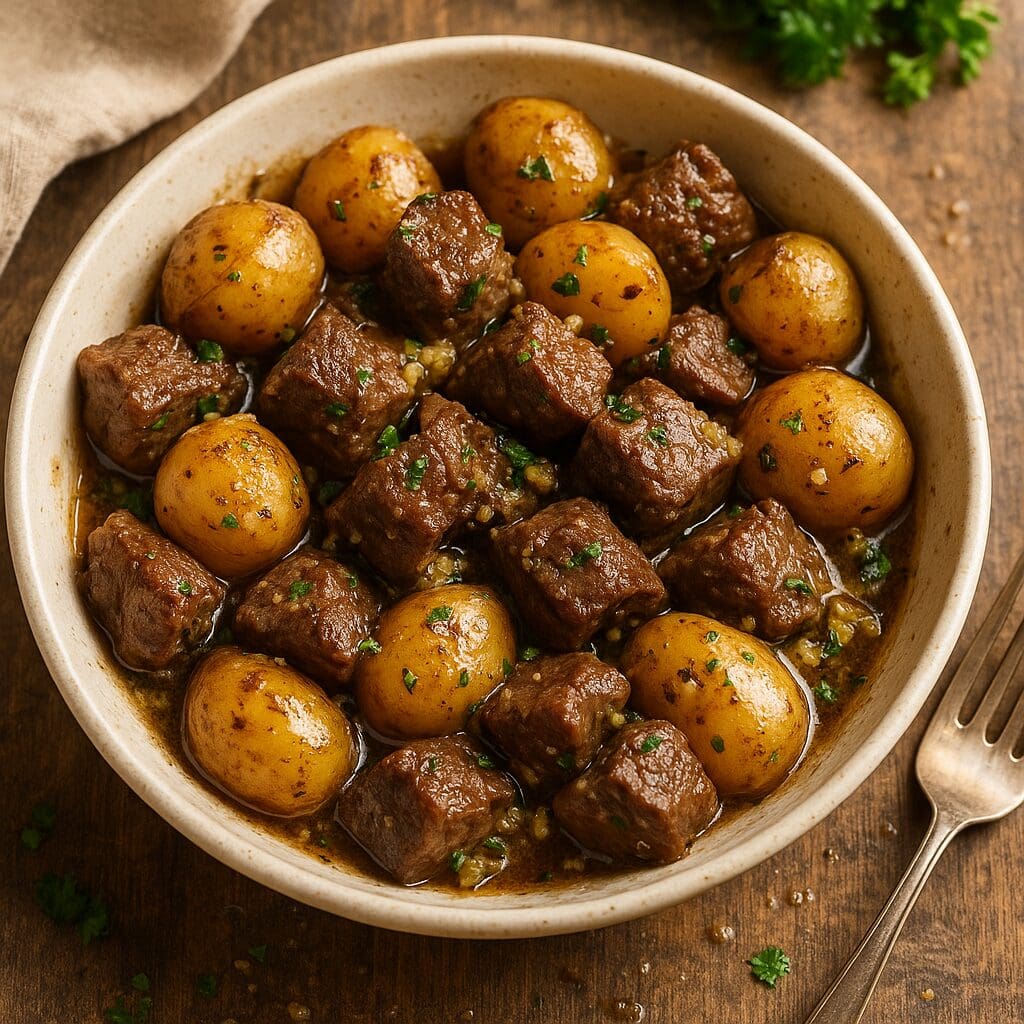 A rustic ceramic bowl filled with Slow Cooker Garlic Butter Beef Bites and baby potatoes, coated in a glossy garlic butter sauce and garnished with fresh parsley. The dish sits on a textured wooden table with natural shadows and a fork nearby, evoking a cozy, home-cooked feel.