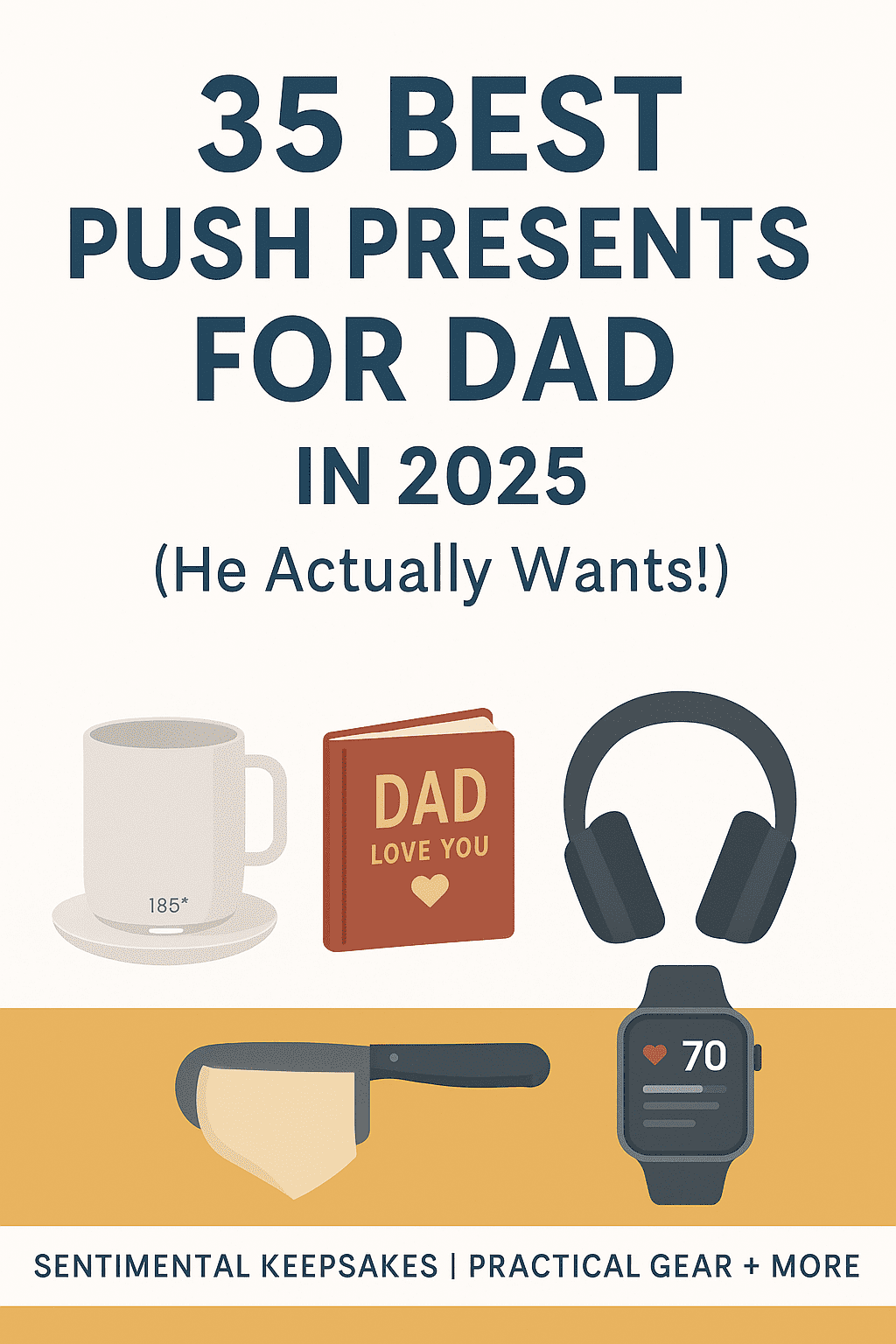 A Pinterest pin image titled "35 Best Push Presents for Dad in 2025 (He Actually Wants!)" featuring minimalist illustrations of a smart mug, a personalized dad book, noise-canceling headphones, a smartwatch, and a diaper duty toolkit, with bold navy and mustard tones and a clean, modern design.