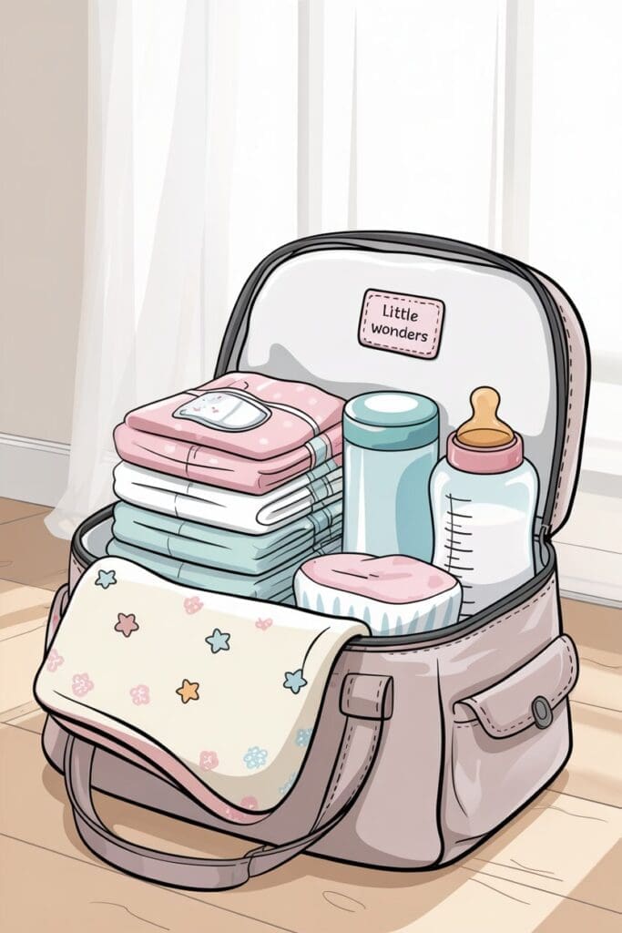 "Illustration of a parent following a newborn diaper bag checklist and organizing key diaper bag essentials."