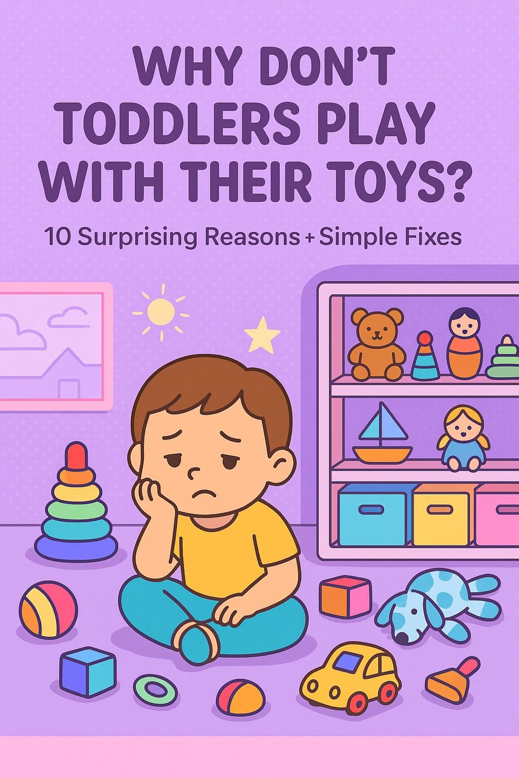 Cartoon image of a sad toddler sitting in a colorful playroom surrounded by ignored toys, with the title "Why Don't Toddlers Play With Their Toys?" in bold purple text—used as a Pinterest image for a parenting blog post.