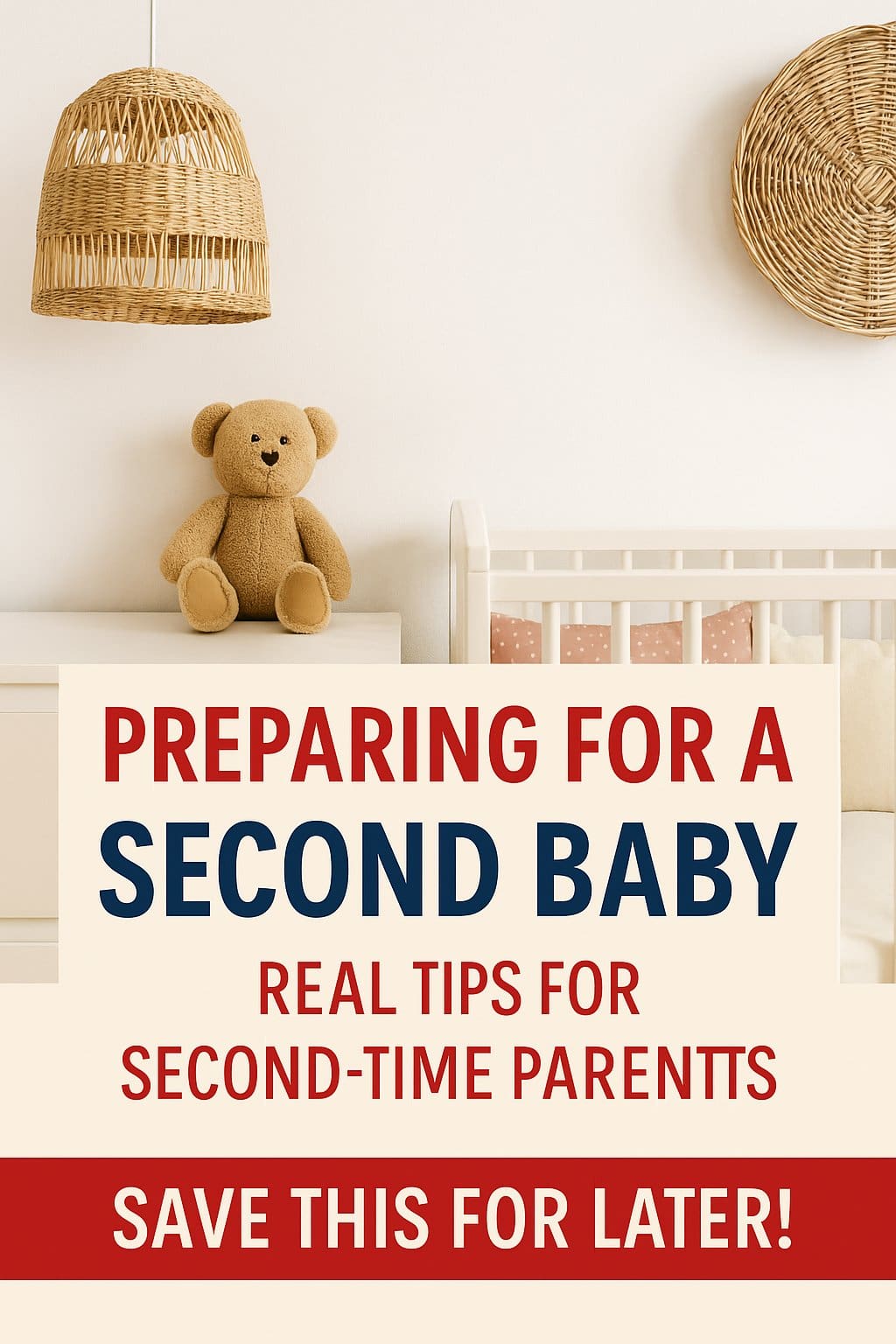 Pinterest pin featuring a soft neutral nursery with a teddy bear and crib, promoting a blog post about preparing for a second baby with real tips for second-time parents.