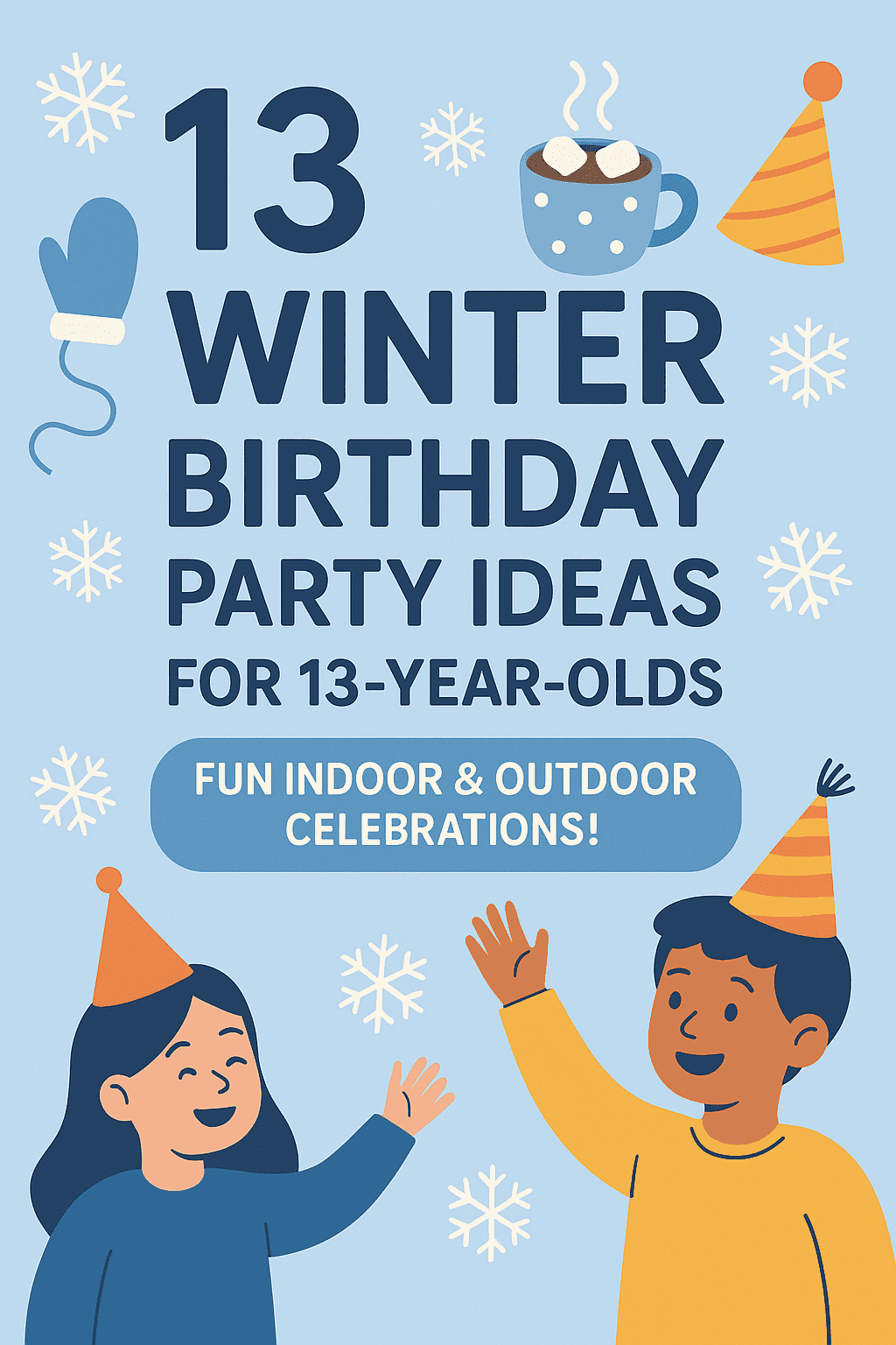 Cartoon-style pin image showing 13 winter birthday party ideas for 13-year-olds with festive kids, snowflakes, and cozy celebration vibes.