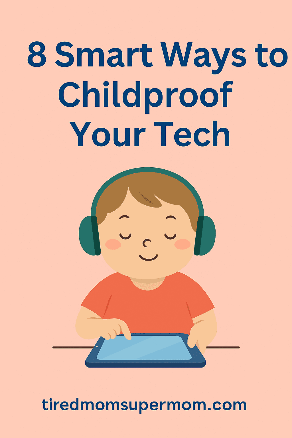 Pinterest pin image featuring the title “8 Smart Ways to Childproof Your Tech” with an illustration of a child using a tablet, representing the concept of childproofing technology.