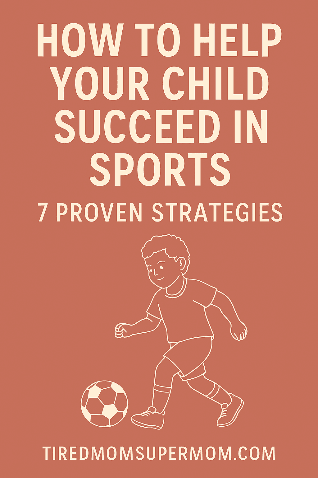 A Pinterest pin graphic featuring the headline "How to Help Your Child Succeed in Sports – 7 Proven Strategies" on a terracotta background, with a simple white illustration of a young child playing soccer and the URL tiredmomsupermom.com at the bottom.