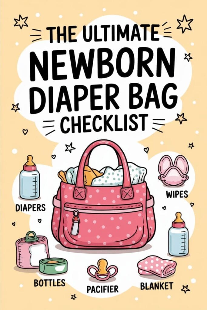 "Pinterest graphic highlighting the ultimate newborn diaper bag checklist and top diaper bag essentials for new parents."