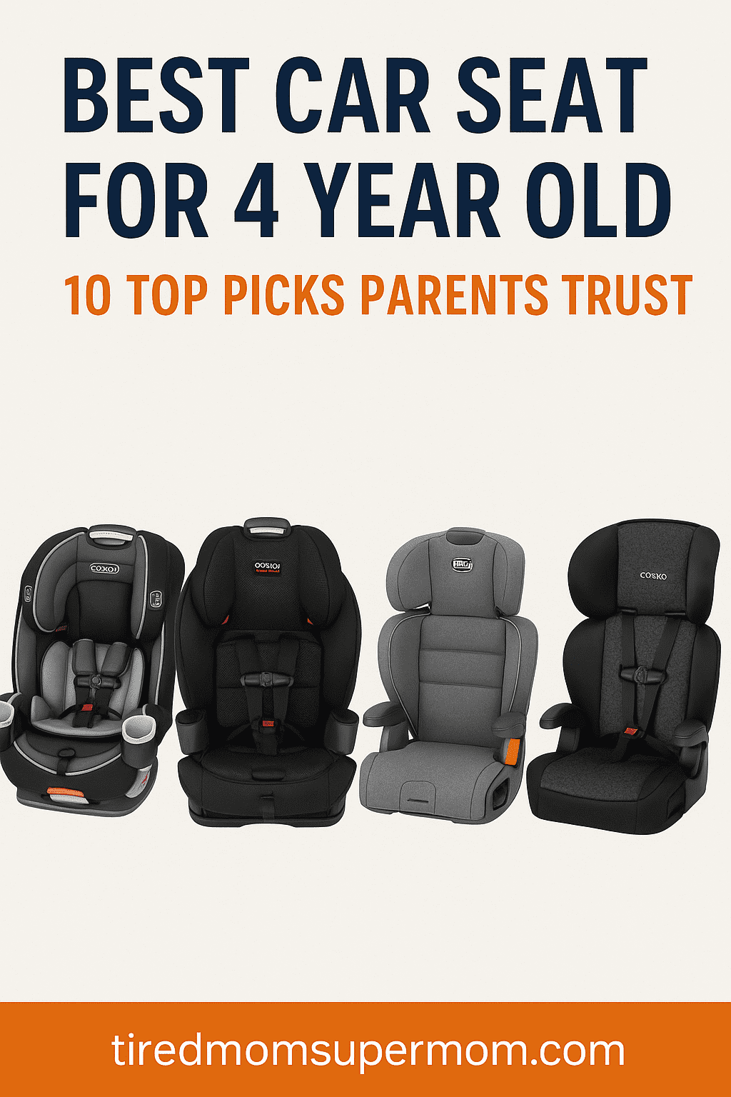 Pinterest image featuring four of the best car seats for 4-year-olds with bold text that reads “Best Car Seat for 4 Year Old – 10 Top Picks Parents Trust” and the website URL tiredmomsupermom.com at the bottom.
