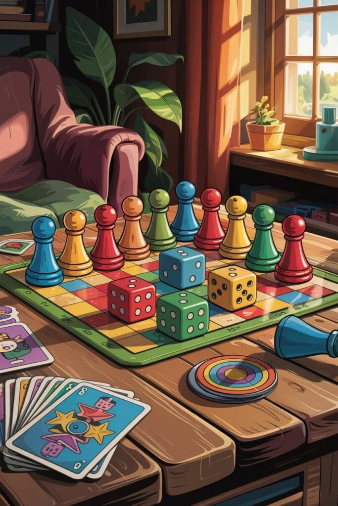 "Colorful dice, game cards, and pawns set up for a fun family board game night."