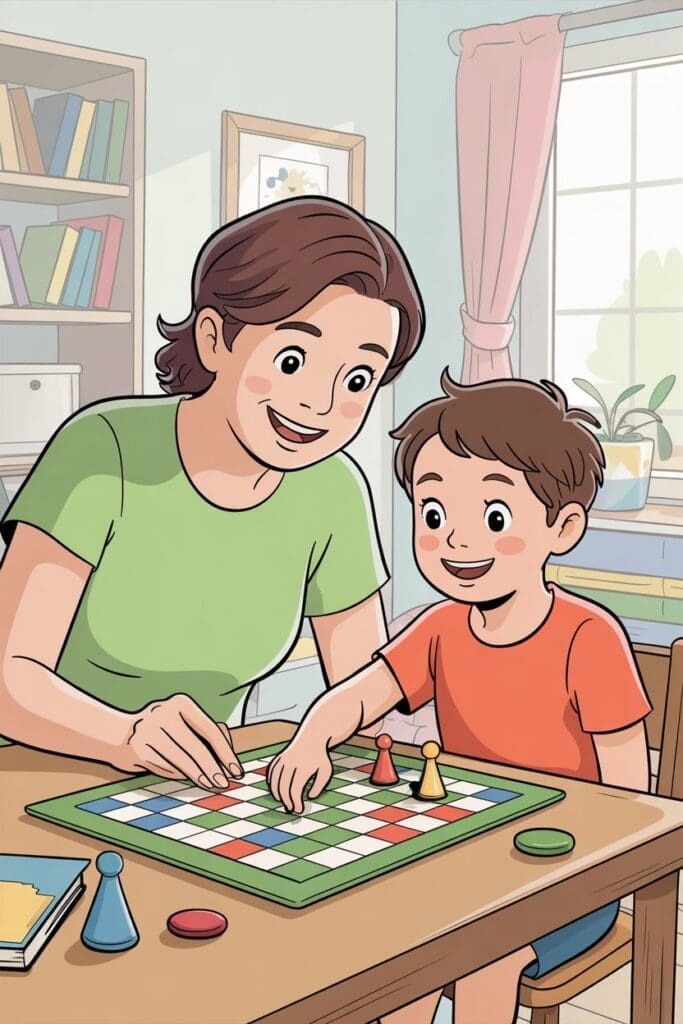"Parent and child bonding over a board game to help your shy child gain confidence and encourage emotional growth."