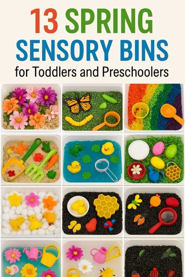 A Pinterest-style collage featuring twelve colorful spring sensory bins for toddlers and preschoolers. Each square highlights a unique setup, including flower arrangements, butterfly life cycle components, rainbow rice, garden tools, duck pond play, Easter egg rescue, cloud dough, a beehive with pom-pom bees, farm animal textures, water play with watering cans, and bug hunts in black bean "soil." The title reads “13 Spring Sensory Bins for Toddlers and Preschoolers” in large, playful font. The image uses bright, cheerful colors and clear layouts to inspire parents and educators with easy, engaging spring activity ideas.