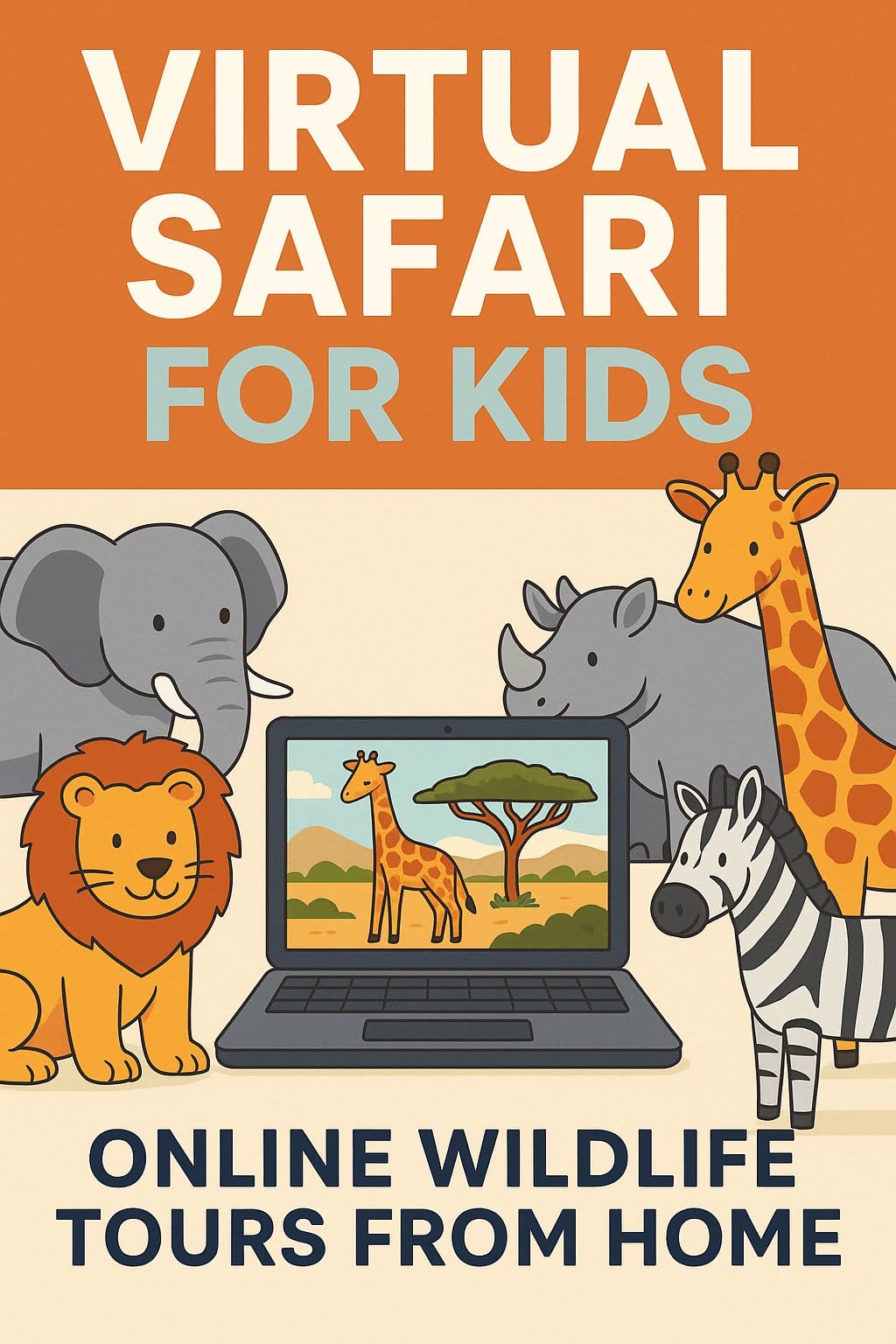 Cartoon-style virtual safari scene for kids showing African animals like a lion, giraffe, elephant, zebra, and rhino gathered around a laptop streaming a wildlife tour.”