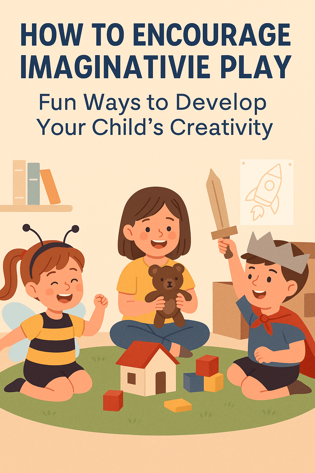 Cartoon-style illustration showing children engaged in pretend play activities like dressing up and building with blocks, visually representing how to encourage imaginative play at home.