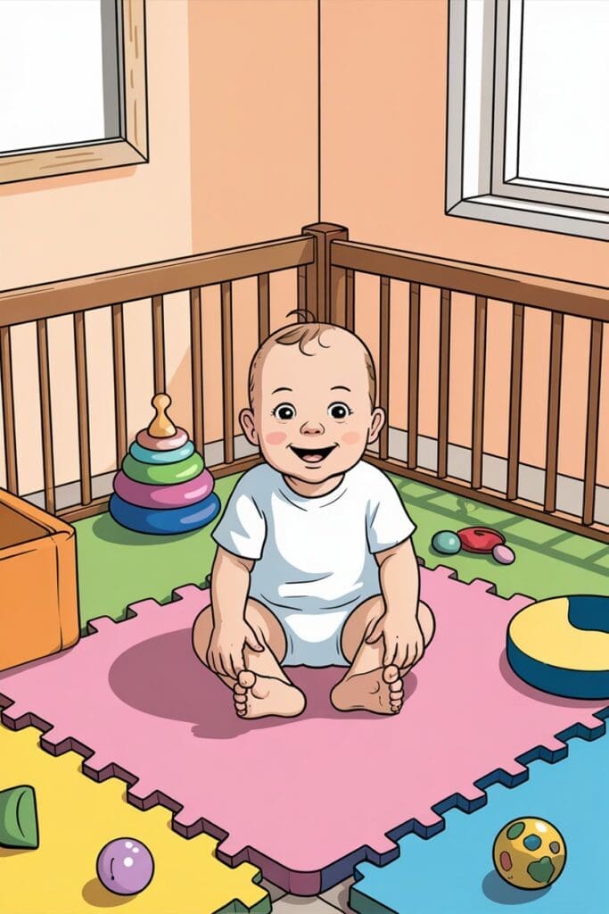 "Illustration of a creative DIY baby play area at home showcasing safe baby play ideas for newborns and toddlers."