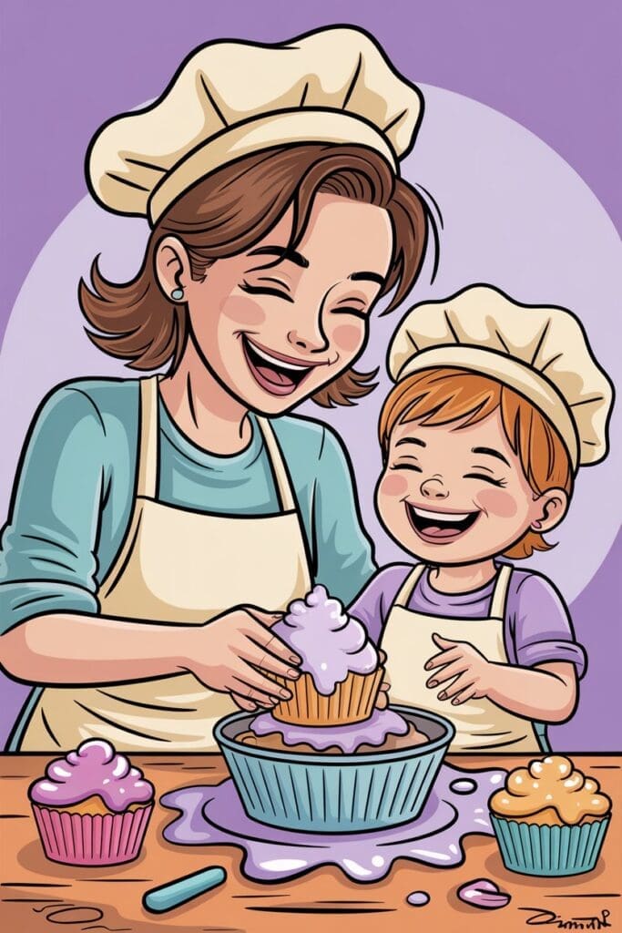 "Cartoon flat illustration of a child drawing with sidewalk chalk while a mom watches lovingly, sunny day, simple backyard scene, pastel tones (mint green, soft orange), bold outlines, playful and heartwarming style."