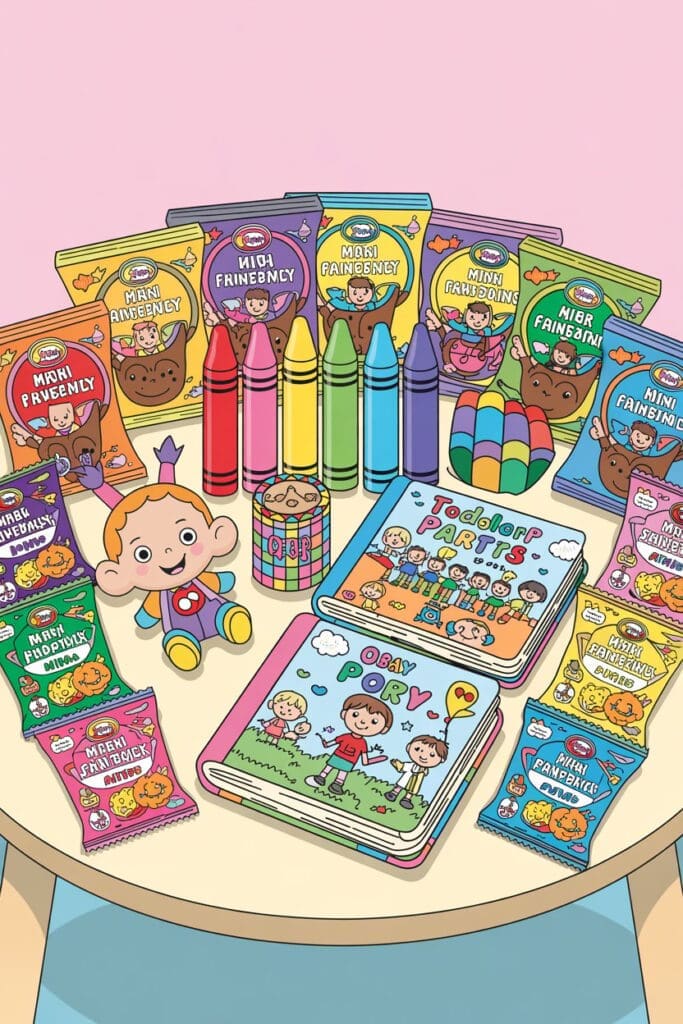 "Toddler excitedly opening a birthday gift bag full of fun party favors."