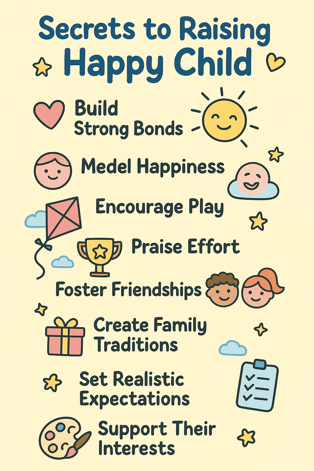 Infographic highlighting 9 expert secrets on how to raise a happy child and encourage lifelong joy.