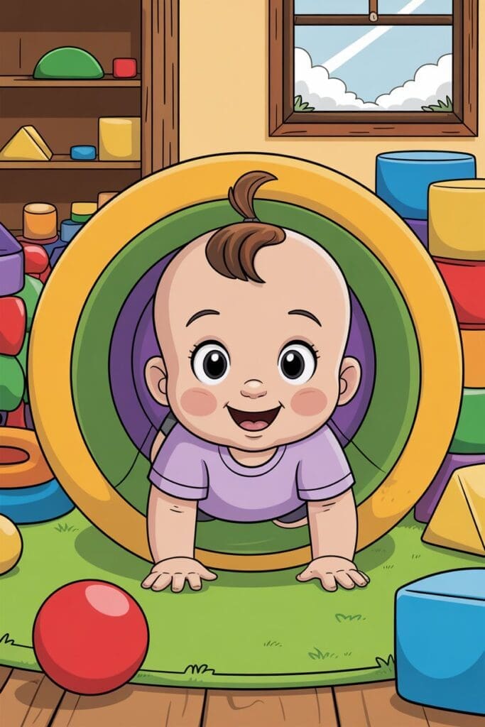 "Cartoon showing safe baby play ideas in a DIY baby play area at home, featuring crawling and exploration toys."