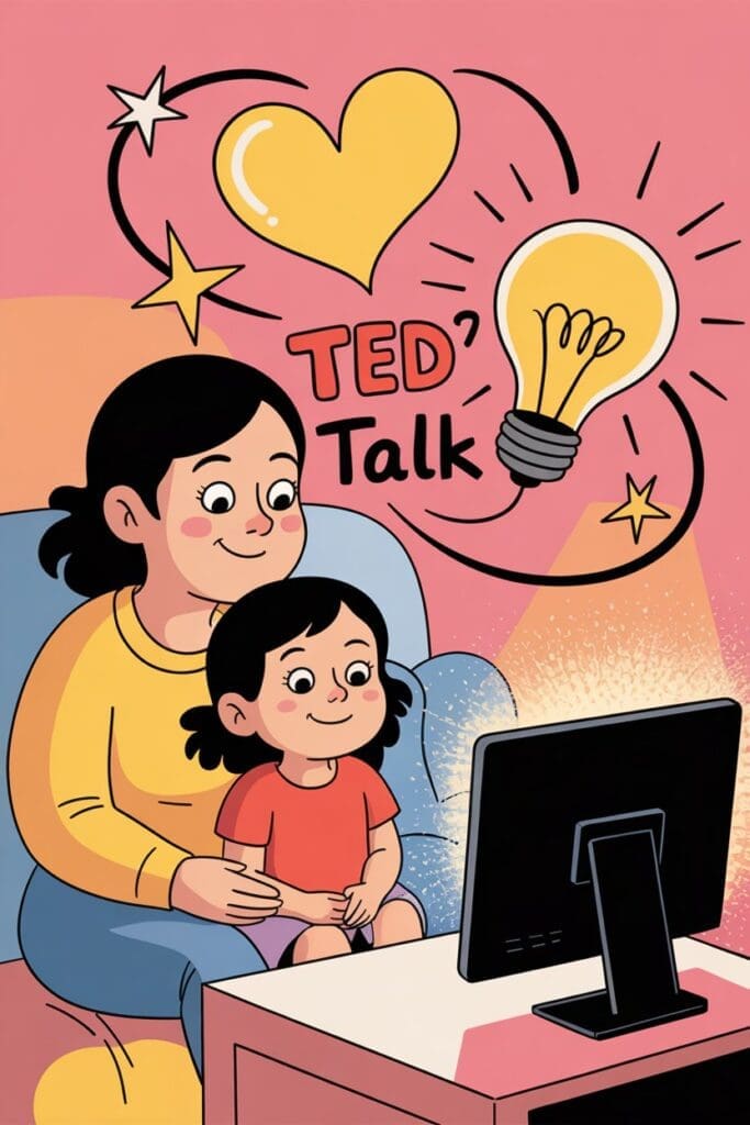 Mother and daughter watching TED Talks for moms together, uplifting and motivational talks about parenting and resilience.