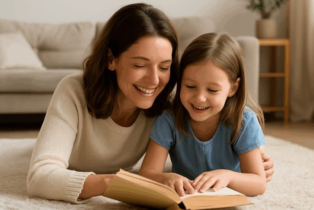 Mother and young daughter bonding while reading a book together on the floor of a cozy living room, smiling and sharing quality time in a calm, loving atmosphere.