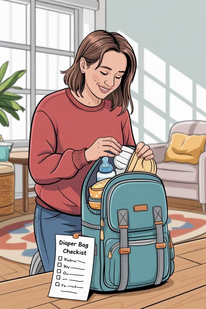 "Cartoon-style flat lay showing all diaper bag essentials included in a complete newborn diaper bag checklist."