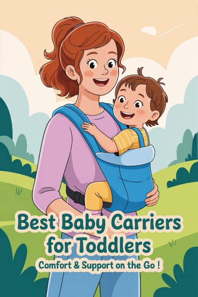 Cartoon image of mom using one of the best baby carriers for toddlers – soft colors and playful design for a branded Pinterest pin.”