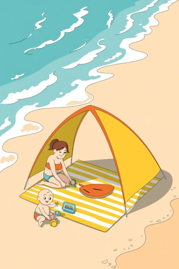 "Illustration of parents using beach essentials for babies and applying baby beach tips for a relaxing family outing."