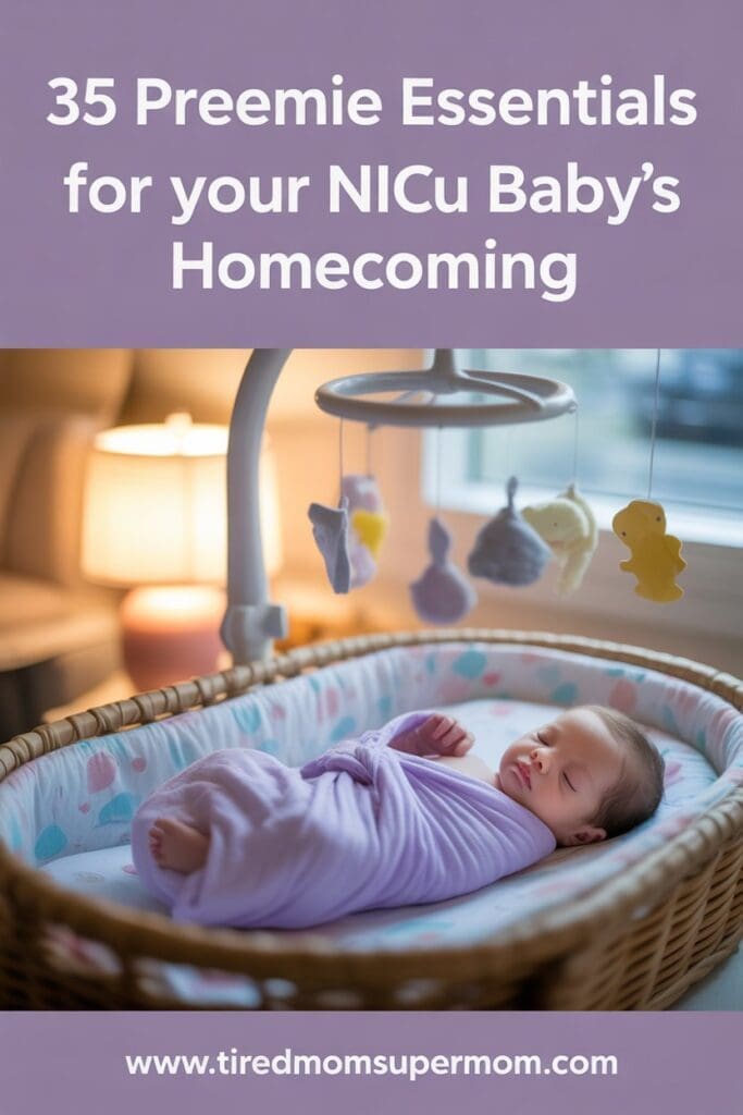 A Pinterest pin titled “35 Preemie Essentials for your NICU Baby’s Homecoming” featuring a softly lit nursery scene. A swaddled preemie baby sleeps peacefully in a woven bassinet under a pastel mobile, with warm lighting and a cozy, calming atmosphere in the background. The URL tiredmomsupermom.com is displayed at the bottom.