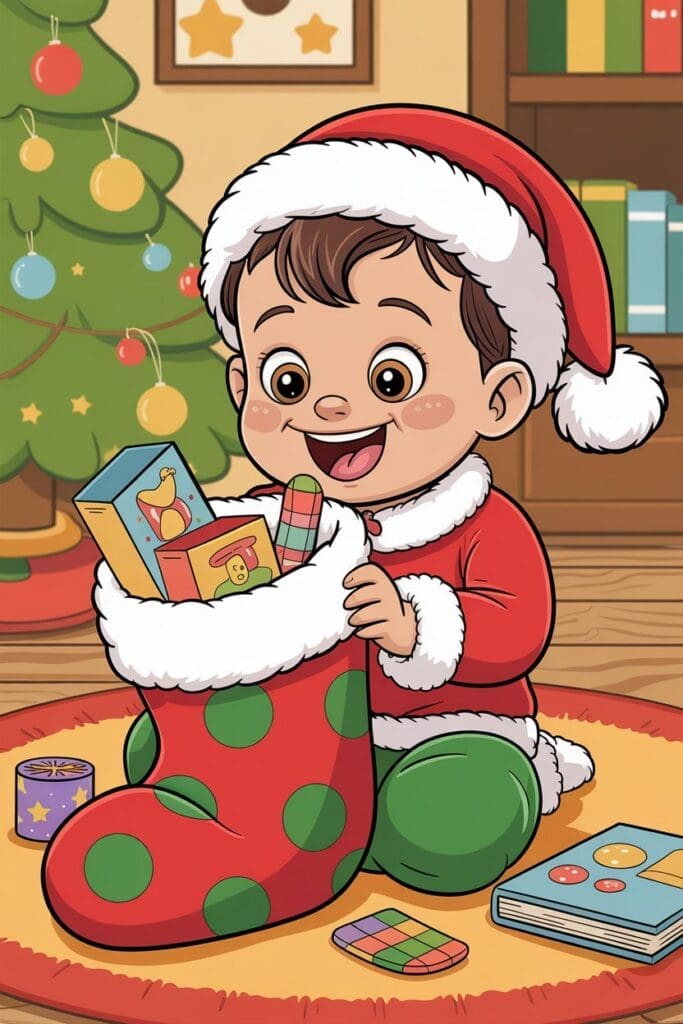 Toddler opening Christmas stocking filled with the best toddler stocking stuffers like toys, books, and snacks