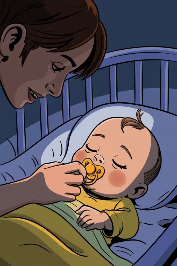 "Illustration of a parent following soothing baby sleep tips to help a baby who wakes up when pacifier falls out."