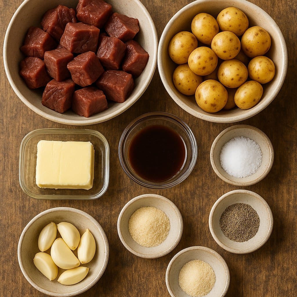 A flat lay photo displaying raw ingredients for Slow Cooker Garlic Butter Beef Bites. Bowls of cubed beef, baby potatoes, garlic cloves, butter, Worcestershire sauce, salt, pepper, onion powder, and garlic powder are arranged neatly on a wooden surface, ready for cooking.