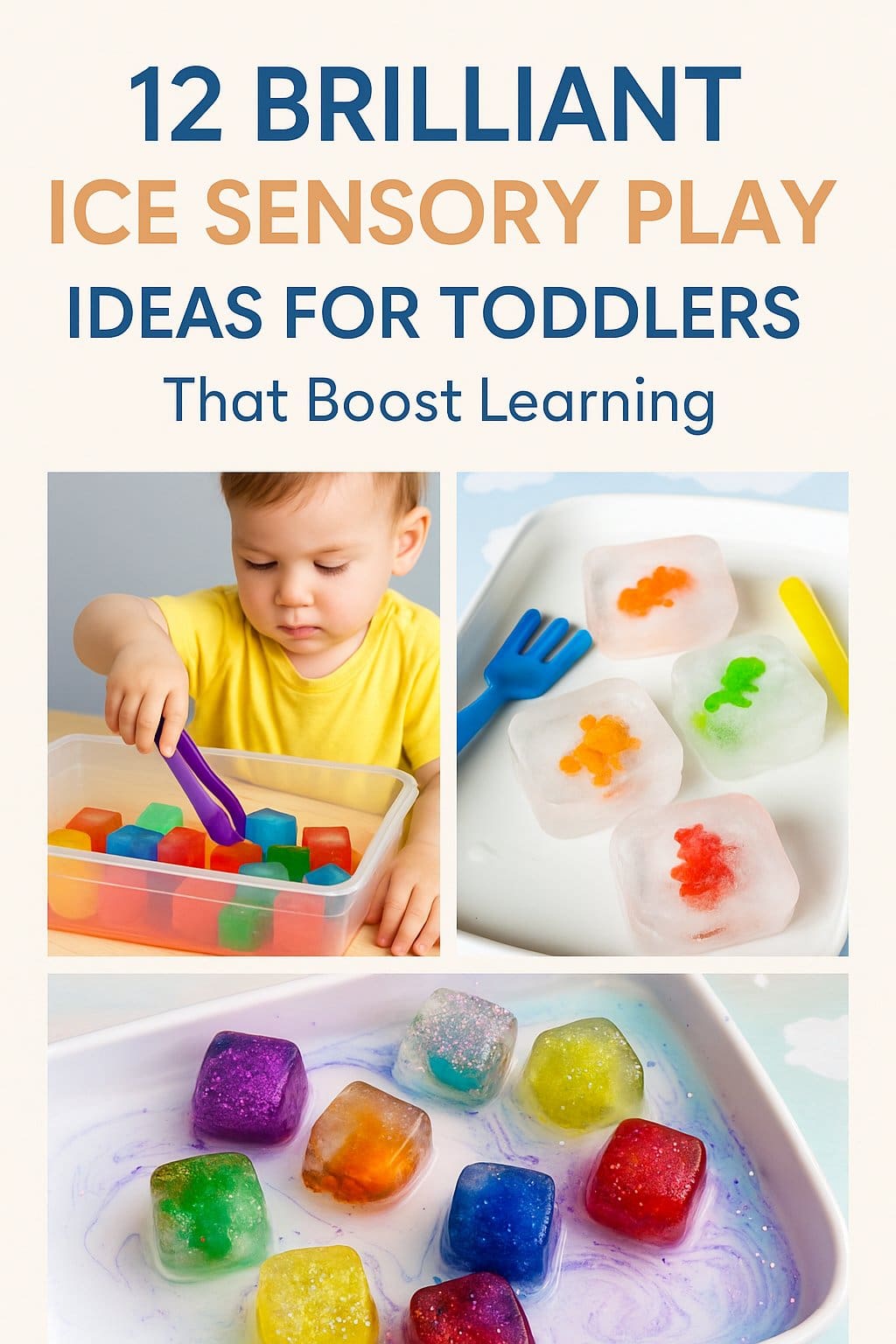 A Pinterest-style collage showcasing engaging ice sensory play for toddlers. The top section features a child using tongs to move colorful ice cubes in a sensory bin. The center highlights frozen toys embedded in clear ice blocks with tools nearby. The bottom includes a close-up of colorful glittery ice cubes melting on a tray, set against a playful toddler-friendly backdrop.